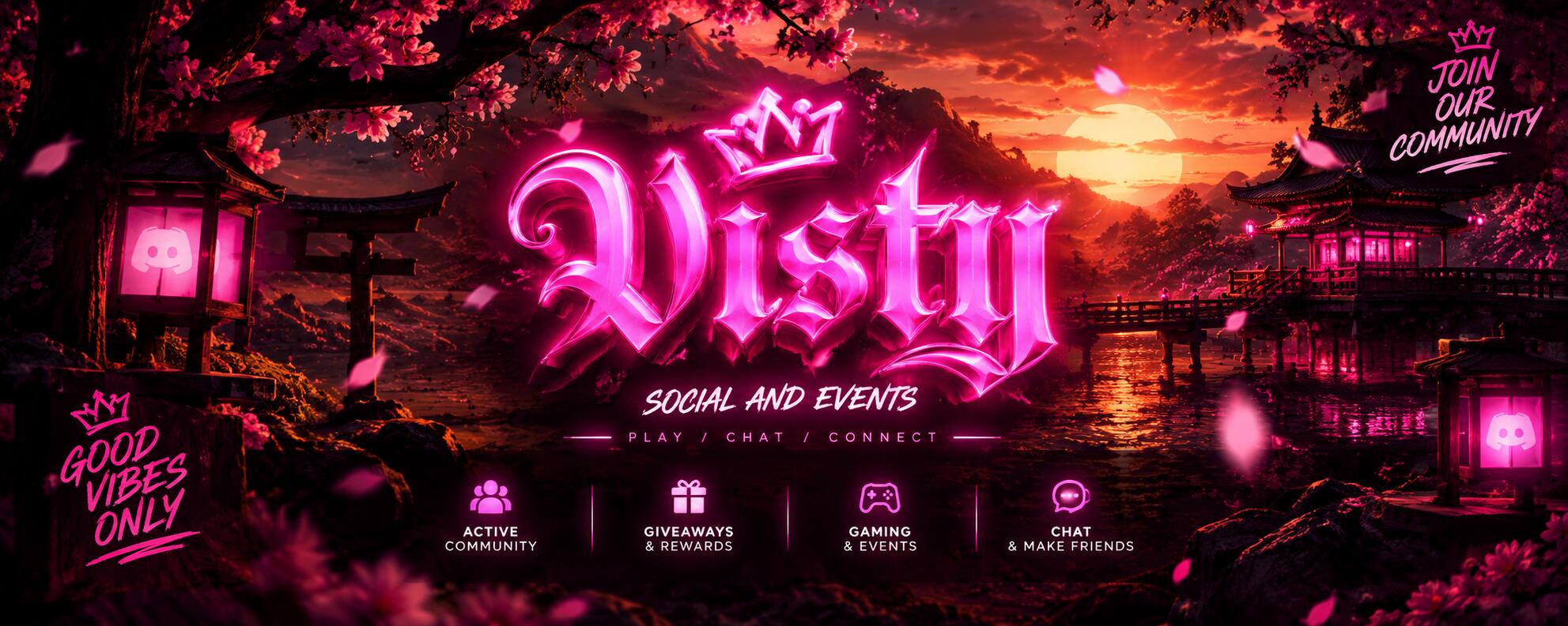 Discovery splash banner for /VISTY social and events Discord server